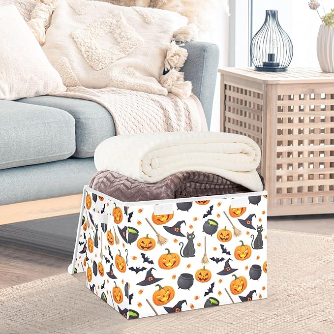 senya Halloween Storage Baskets Collapsible Storage Bins with Lids, Halloween Pumpkin Black Cat Ghost Bat Pattern Storage Boxes Clothes Baskets for Organizing