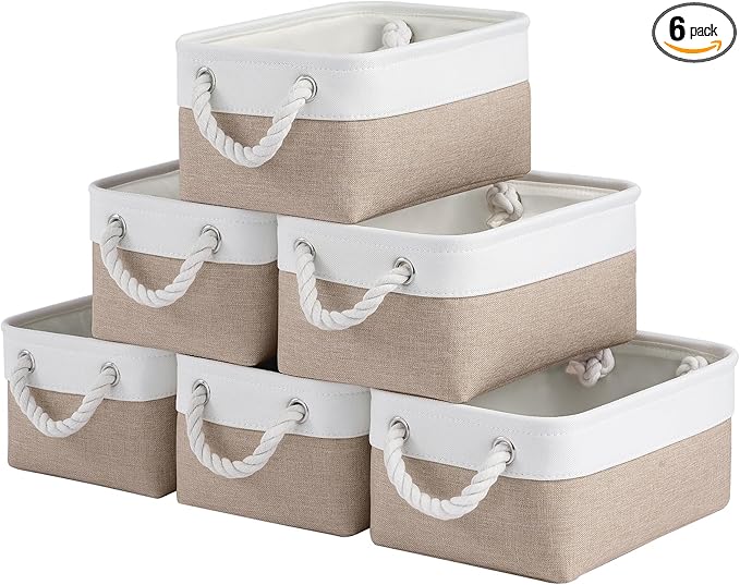 Storage Baskets for Shelves 11.8x7.9x5.2 Inch, Foldable Fabric Storage Bins with Handles, Small Storage Baskets for Organizing Closet, Office, Home Organization (6-Pack, White&Khaki)