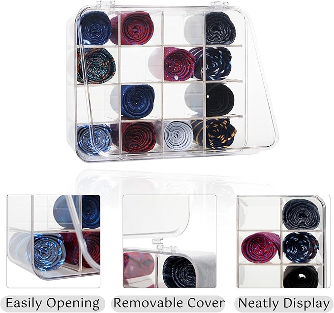 Tie Rack Organizer, Clear Tie Organizer Box, Acrylic Tie Display Rack for 16 Ties Storage, Tie Box Organizer for Men Tie Holder (Transparent)