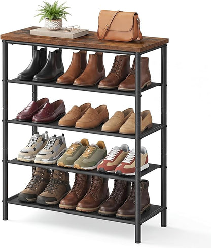 SONGMICS HOME 5-Tier Shoe Rack, Free Standing Shoe Storage Organizer, 12 x 29.7 x 36 Inches, Metal Frame with Top Surface for Closet Entryway, Rustic Brown and Black