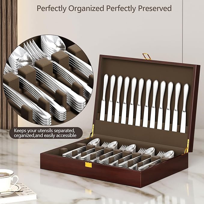 Walnut Wood Silverware Storage Box,Silverware Case Flatware Chest with Felt Lined,Flatware Storage Box for 12 sets of Utensils,Silverware Chest without Silverware,Silverware Organizer with Lid