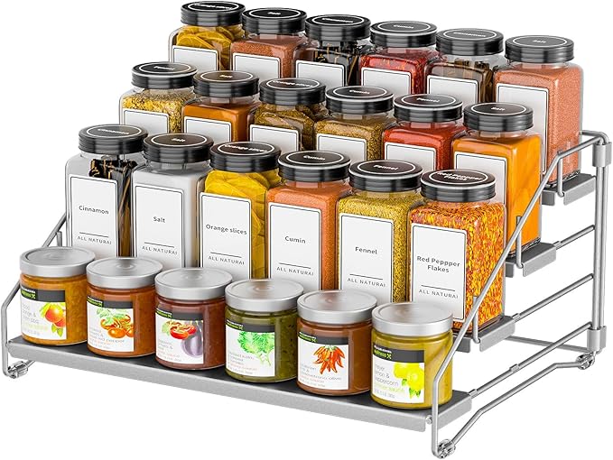 BOIVSHI 4 Tier Spice Rack for Cabinet, Spice Rack Organizer, Depth Adjustable Spice Organizer for Countertop, Cupboard, Pantry, Seasoning Shelf, Metal, Gray (1 Pack)