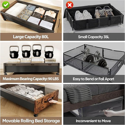 KITHELP Wooden Under Bed Storage with Wheels, 80L Extra-large Rolling Under the Bed Storage Bins 2 Pack with Removable Lid, Upgrade Metal Under Bed Drawers for Clothes Shoes Blankets in Bedroom