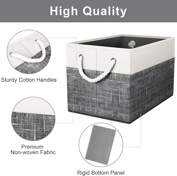 Fab totes Storage Bins 6-Pack, Foldable Storage Baskets for Organizing Toys, Books, Shelves, Closet, Large Storage Box with Rope Handles, Sturdy Organizer Bins, White & Black