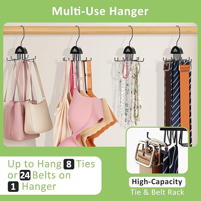2 Pack Tie Hanger Belt Organizer for Closet, Rotatable Tie Rack with 16 Hooks Max 24 Belts & 16 Ties Storage Capacity, Space Saving Hanging Belt Holder for Closet Organizer, Black