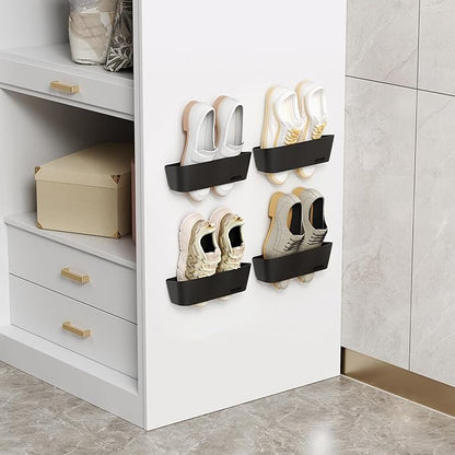 4PCS Wall Mounted Shoe Rack with Sticky Hanging Strips, No Drilling Wall Shoe Rack, Space Saving Shoe Stand, Hanging Shoe Organizer for Wall/RV/Door/Camper - Black