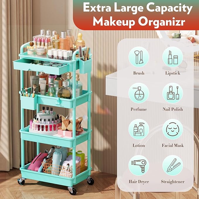 SUNALLY Makeup Cart Organizer with Drawers, 4 Tier Floor Skincare Organizers for Vanity, Rolling Makeup Bathroom Storage Cart Cosmetics Display Cases for Skin Care Perfume Nail Polish, Blue
