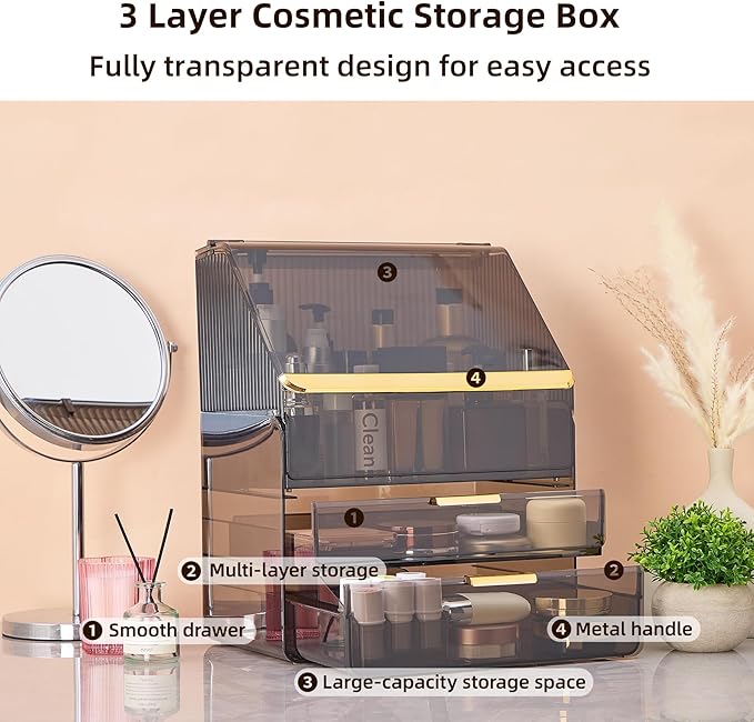 Large 3-Tier Makeup Organizer with Drawers and Lipstick Holder, Dustproof Waterproof Skincare Storage Box for Bathroom Countertop, Vanity Cosmetic Organizer,Clear Black