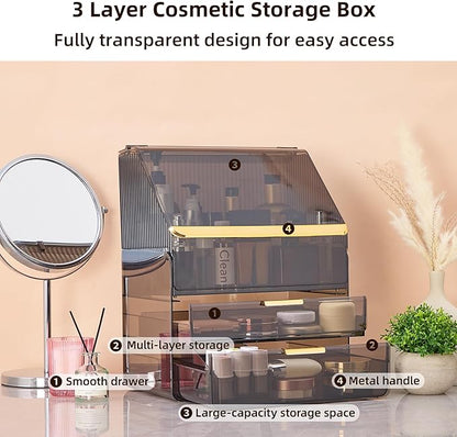 Large 3-Tier Makeup Organizer with Drawers and Lipstick Holder, Dustproof Waterproof Skincare Storage Box for Bathroom Countertop, Vanity Cosmetic Organizer,Clear Black
