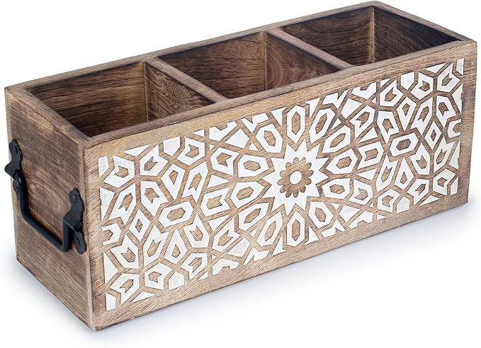 Wooden Utensil Caddy for Kitchen Countertop 3-Slot , Multi-Purpose Wooden Desk Organizer Work Desk, Bathroom, Cutlery Caddy, Office Supplies Organizer – 11 X 4.5 Inches