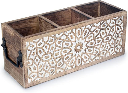 Wooden Utensil Caddy for Kitchen Countertop 3-Slot , Multi-Purpose Wooden Desk Organizer Work Desk, Bathroom, Cutlery Caddy, Office Supplies Organizer – 11 X 4.5 Inches