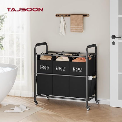 Tajsoon 3 Bag Laundry Sorter Cart, Laundry Hamper Sorter Basket with Heavy Duty Lockable Rolling Wheels for Clothes Storage, Black
