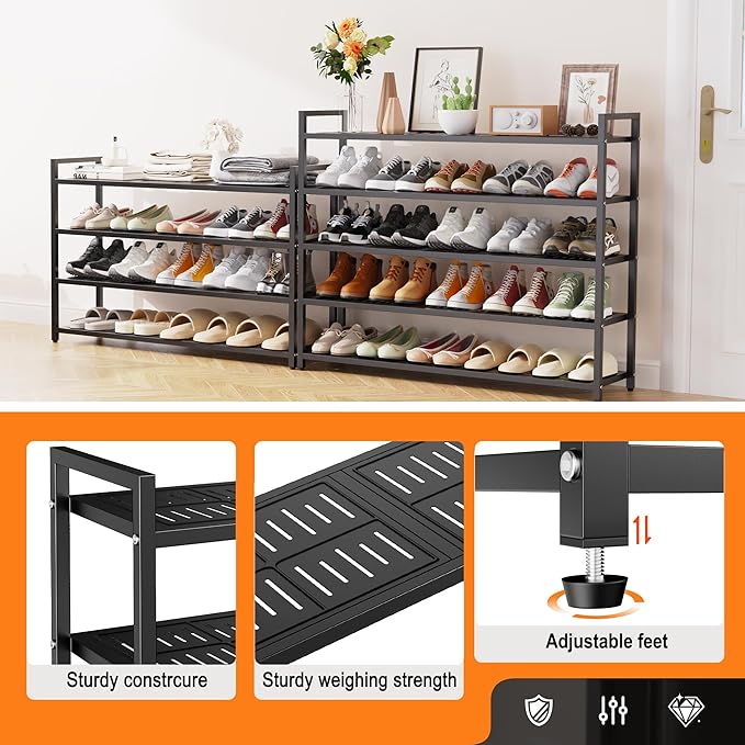5-Tier Heavy Duty Metal Shoe Rack, 200 lbs Load Capacity Shoe Organizer with Reinforced Steel Tubes, No-Wobble Free Standing Shoe Shelf for Entryway, Closet, Bedroom, Dorm – Easy Assembly, Black