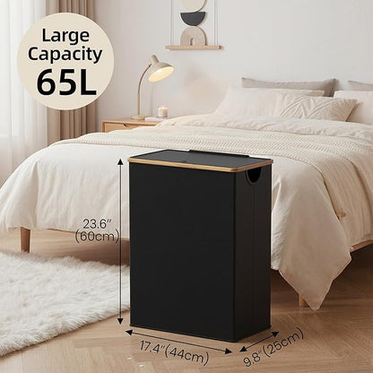 efluky Slim Laundry Basket with Lid, Narrow Laundry Hamper with Removable Bag, Skinny Dirty Clothes Basket with Bamboo Handles for Bathroom, Bedroom & Laundry Room, 65L Black