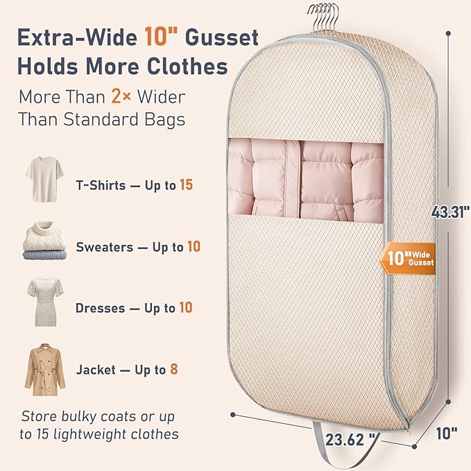DIMJ Garment Bags for Hanging Clothes 10" Gusseted, Space Saving Compression Suit Bag Travel with Handles Window, Washable Carry Clothing Storage Cover for Dress, Coats, Jacket, Shirts,43" 2 Pack