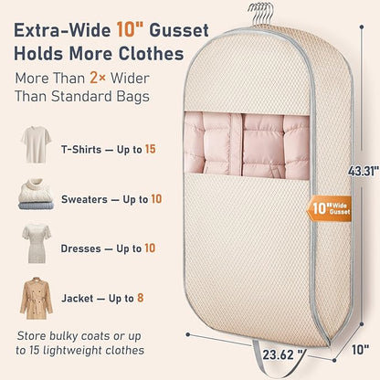 DIMJ Garment Bags for Hanging Clothes 10" Gusseted, Space Saving Compression Suit Bag Travel with Handles Window, Washable Carry Clothing Storage Cover for Dress, Coats, Jacket, Shirts,43" 2 Pack