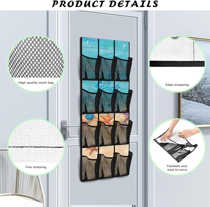 Multi-Functional 12-Pocket Hanging Bag for Doors, Heavy Duty Oxford Cloth Waterproof Lightweight and Space-Saving Design, Beach Starfish Turtle