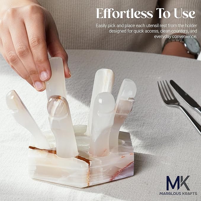 Marble White Onyx Utensil Rest Piece 3" H, Ideal for Organizing Spoons and Forks, 4" Cutlery Rest Holder, Modern Kitchen Accessory, Perfect for Everyday Use.
