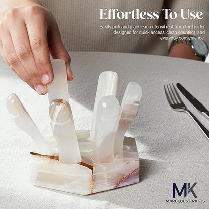 Marble White Onyx Utensil Rest Piece 3" H, Ideal for Organizing Spoons and Forks, 4" Cutlery Rest Holder, Modern Kitchen Accessory, Perfect for Everyday Use.
