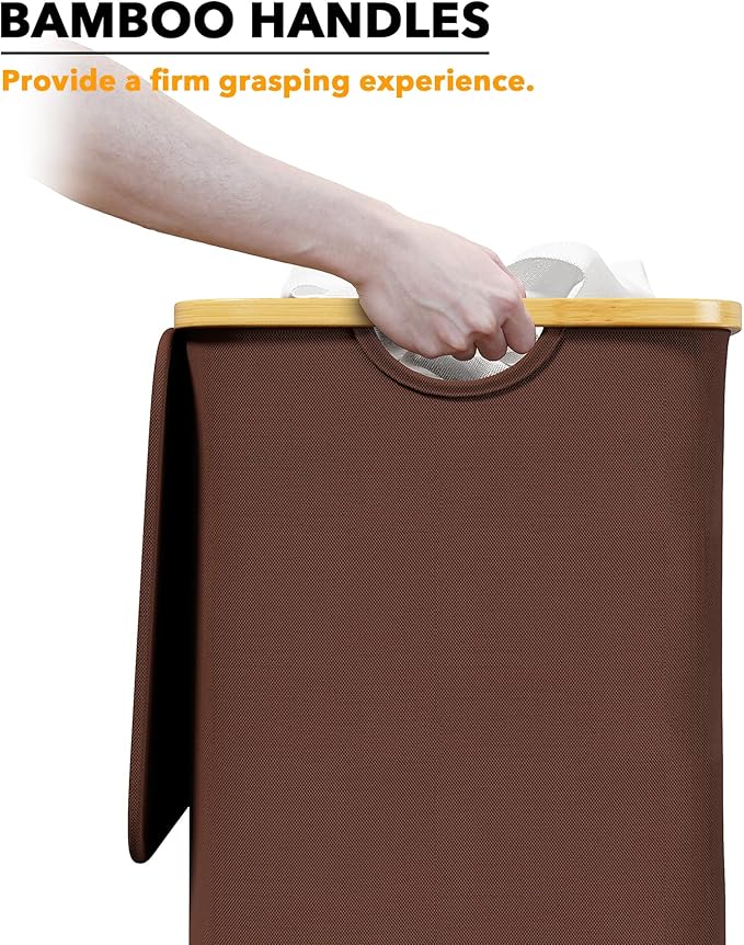SpaceAid Laundry Hamper with Lid, 110L Large Tall Clothes Basket Bin with Bamboo Handles, Collapsible Laundry Hamper for Bedroom, Bathroom, Dorm, Laundry Room - Brown