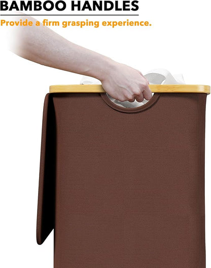 SpaceAid Laundry Hamper with Lid, 110L Large Tall Clothes Basket Bin with Bamboo Handles, Collapsible Laundry Hamper for Bedroom, Bathroom, Dorm, Laundry Room - Brown