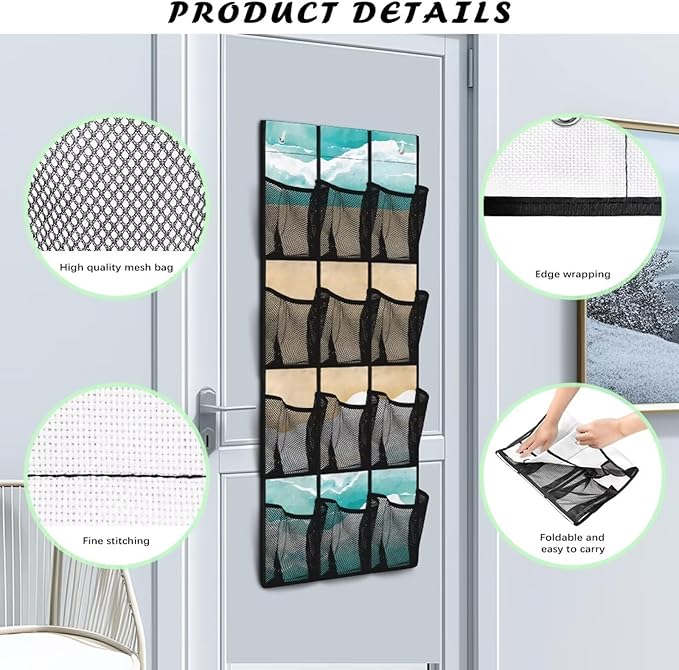 Beach Behind Door Shoes Hang Holder Rack,Storage for Small Spaces,Over the Door Shoe Organizer with 12 Mesh Large Pockets