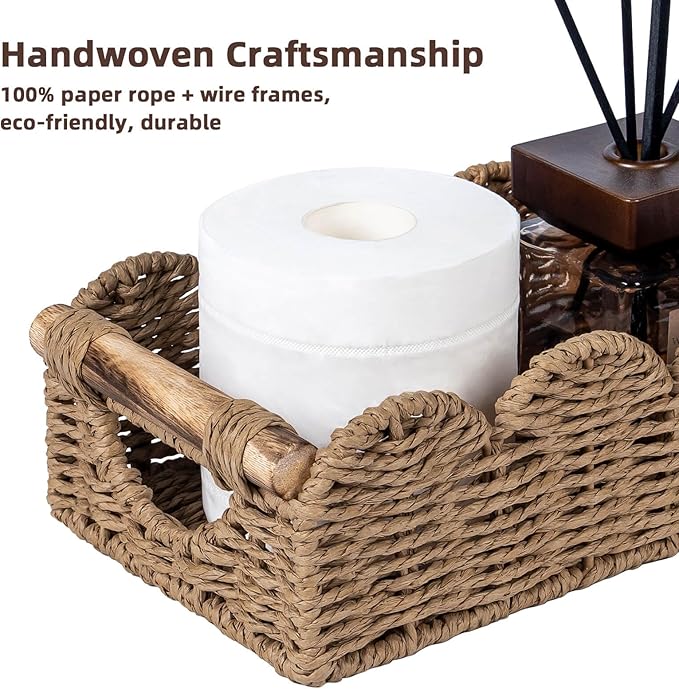 CubesLand Bathroom Basket Organizer w/Cut Out Handle, Back of Toilet Paper Storage Baskets Tray for Bathroom Countertop Decorative, Scalloped Wicker Basket Also for Home Decor, Living Room, Neutral