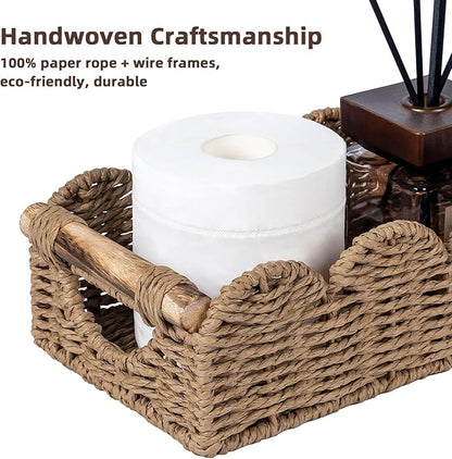 CubesLand Bathroom Basket Organizer w/Cut Out Handle, Back of Toilet Paper Storage Baskets Tray for Bathroom Countertop Decorative, Scalloped Wicker Basket Also for Home Decor, Living Room, Neutral