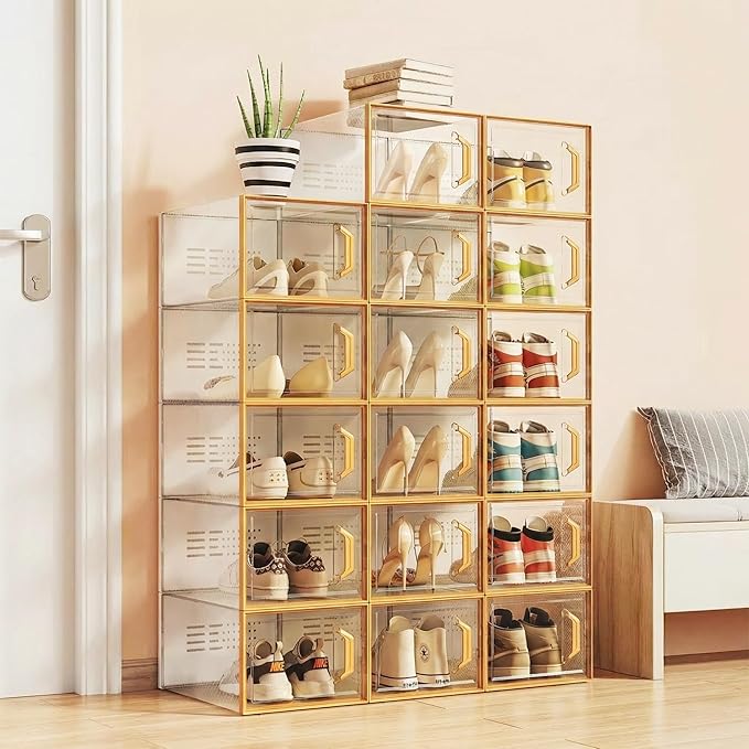 Clear Stackable Foldable Plastic Shoe Storage Boxes, 15 Pack Shoe Rack Shoe Organizer Space‑Saving Shoe Container for Closet Wardrobe Bedroom Entryway