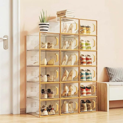 Clear Stackable Foldable Plastic Shoe Storage Boxes, 15 Pack Shoe Rack Shoe Organizer Space‑Saving Shoe Container for Closet Wardrobe Bedroom Entryway