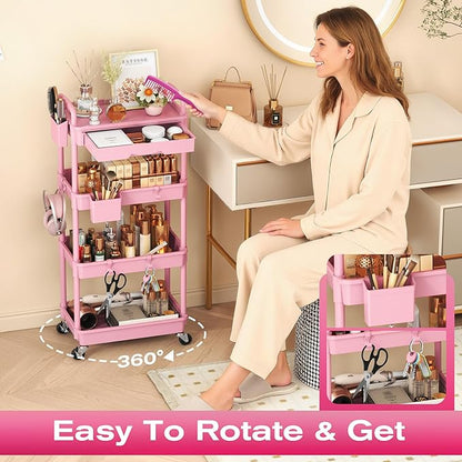 Goovilla Rolling Makeup Organizer Cart with Removable Drawer, 4 Tier Stable Pink Floor Skincare Storage Cart for Vanity, Cosmetic Display, Nail Polish, Perfume, Hair Stuff, Beauty, Bathroom(Plastic)