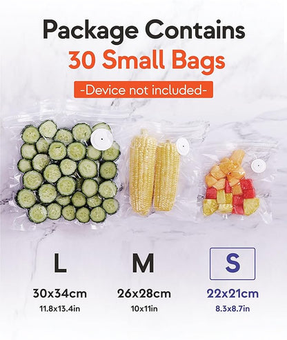 Reusable Vacuum Sealer Bags for Food – 30 Small Vacuum Bags (22x21cm/8.3x8.7in), BPA-Free, Leak-Proof, Odor-Resistant – Compatible with Vacuum Sealers