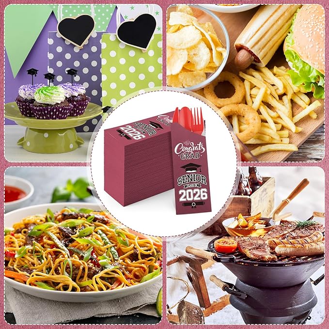 Funnymoom 400 Pcs 2026 Graduation Wrapped Silverware Bags Holder - Disposable Dinnerware Set Includes Plastic Spoons Knives and Forks, Class of 2026 Parties School Congrats Supplies(Burgundy)