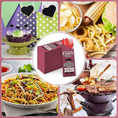 Funnymoom 400 Pcs 2026 Graduation Wrapped Silverware Bags Holder - Disposable Dinnerware Set Includes Plastic Spoons Knives and Forks, Class of 2026 Parties School Congrats Supplies(Burgundy)