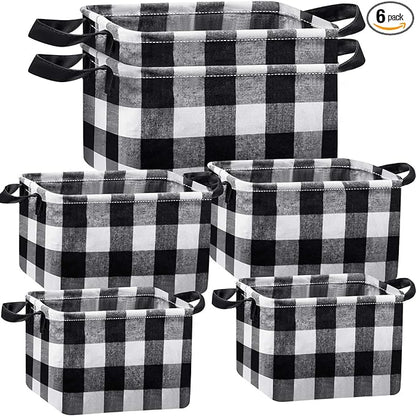 Boao 6 Pcs Buffalo Plaid Basket Square Storage Basket Black and White Buffalo Check Basket Bin Solid Storage Organizer with Handles Collapsible Square Organizer for Home Office