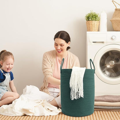 Woven Cotton Rope Laundry basket-15”X20” Laundry Hamper-Rope Storage Basket for Dirty Clothes, Toys and Blankets Perfect for Bathroom, Baby nursery and Living Room Storage (dark green)