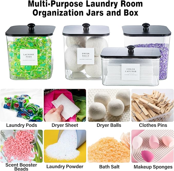 Laundry Room Organization Container, 4pcs Acrylic Laundry Pod Storage Containers, Black Dryer Sheet Holder Jars with Bamboo Lids and Labels for Scent Booster Powder Detergent Pods Storage