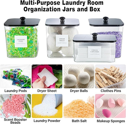 Laundry Room Organization Container, 4pcs Acrylic Laundry Pod Storage Containers, Black Dryer Sheet Holder Jars with Bamboo Lids and Labels for Scent Booster Powder Detergent Pods Storage