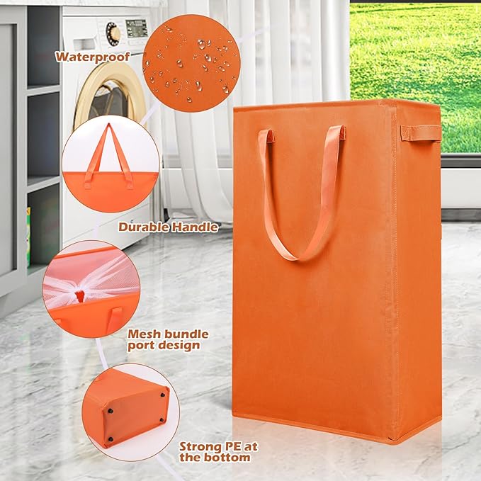 Odonata Slim Laundry Hamper Handles Collapsible Laundry Basket Thin Dirty Clothes Basket Narrow Laundry Bag Foldable Dirty Hamper 45L (Orange)