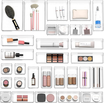 Simple Houseware 30 PCS Clear Plastic Drawer Organizers Set, 5-Size for Makeup, Bathroom, Bedroom and Office