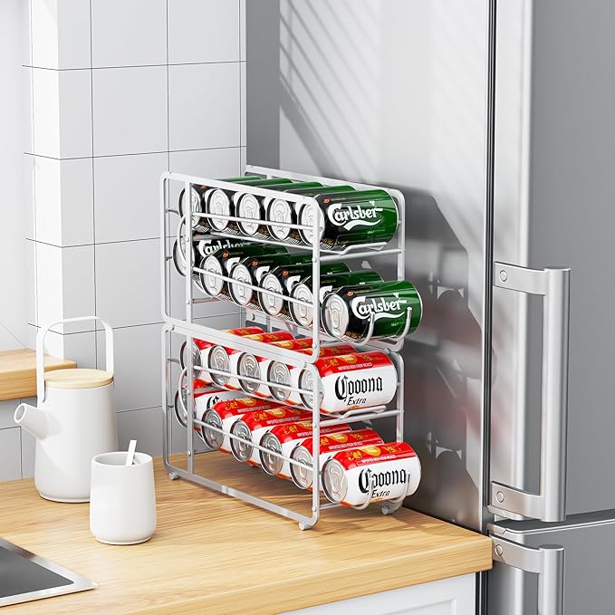 Canyave Soda Can Organizer Storage Rack, 2 Pack Stackable Beverage Soda Can Dispenser Organizer Holder for Refrigerator, Cabinet, Pantry (White)