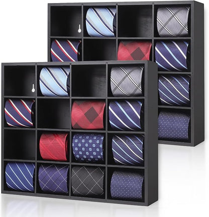 Tie Organizer Wall Mounted Tie rack,Tie box for Men,Tie Box Organizer with 16 Compartments，Tie Display Racks for Bedroom, changing room, Men Wardrobe(Black,2 PCS)