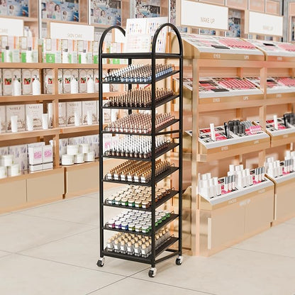 OmySalon Rolling Nail Polish & Powder Display Stand - 8 Tier Mobile Nail Salon Organizer Rack with Wheels, Holds 600 Bottles & 240 Jars for Nail Artists, Salon Display, Retail Store (Black)