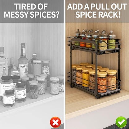 BOIVSHI Spice Rack Organizer for Cabinet, 2 Tier Pull Out Spice Organizer for Cabinet Height Adjustable Heavy Duty Metal Basket for Inside Cabinets & Pantry Closet (5.5''Wx10.5''Dx9.5''H)