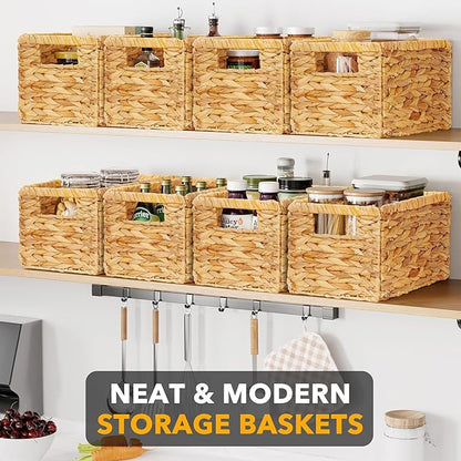 SpaceAid 8 Pack Wicker Basket, Storage Baskets for Organizing, Woven Rattan Basket with Handles for Shelves, Water Hyacinth Large Cube Organizer Storage Bin, 13x8.2x7 inch, Natural