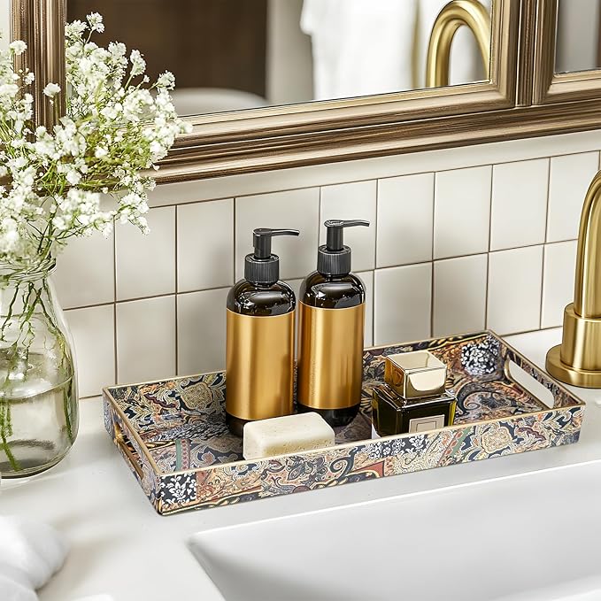 MAONAME Plastic Vanity Tray, Bathroom Counter Tray, Decorative Trays with Handles, Storage Dresser Trays Organizer for Toilet Tank, Jewelry, Makeup, 13.8" x 6" x 1.57"