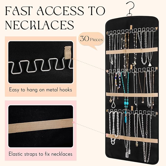 3 Pack Hanging Jewelry Organizer Storage with 39 Pockets, 30 Necklace Hooks Double Sided Wall Mount Earring Holder Organizer Bracelet Necklace Jewelry Display Hanger for Closet Door (Black)