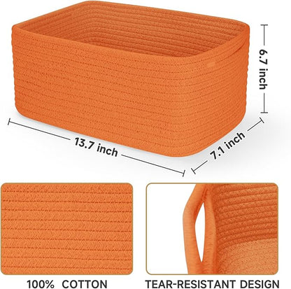 3-Pack Storage Baskets for Organizing | Woven Shelf Toy Basket | Rope Baskets for Gifts Empty | Closet Organizer Bins with Handles | Cube Decorative Box | 13.7×7.1×6.7” | Orange