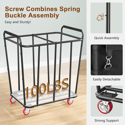 Hoctieon 2 Section Laundry Sorter Cart, 400L Rolling Hamper with Wheels, Industrial Laundry Basket Organizer, Extra Large Dirty Clothes Hamper for Home & Hotel, Heavy Duty, Black