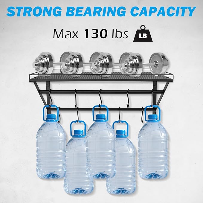 RedCall 2 Pack Garage Wall Shelf with 10 Hooks,23.5" x 13"Wall Mounted Storage Shelves with 2 Hanging Bars Rack for Garage, Closet, Laundry Room,Heavy Duty Metal Shelves